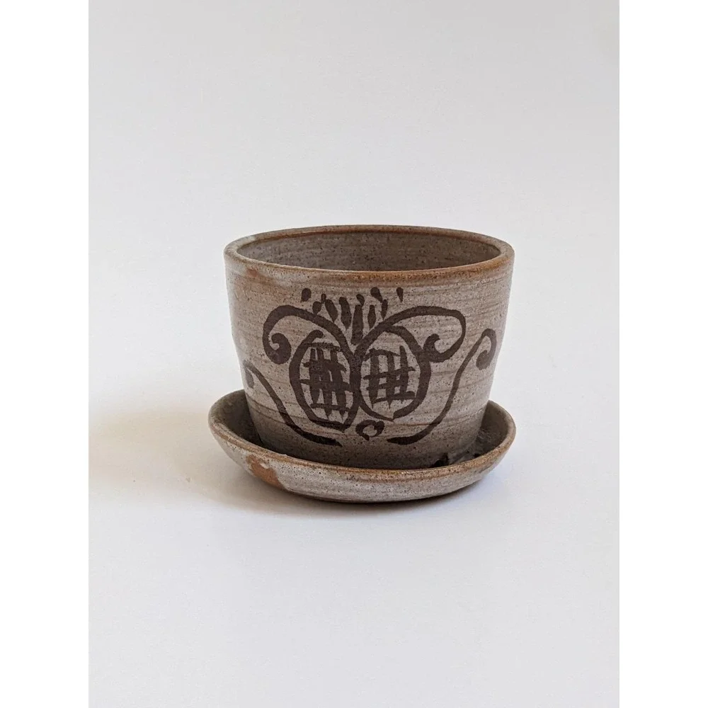 Vintage 1970s Studio Pottery Planter Saucer Small Butterfly Hand Painted Pot 3